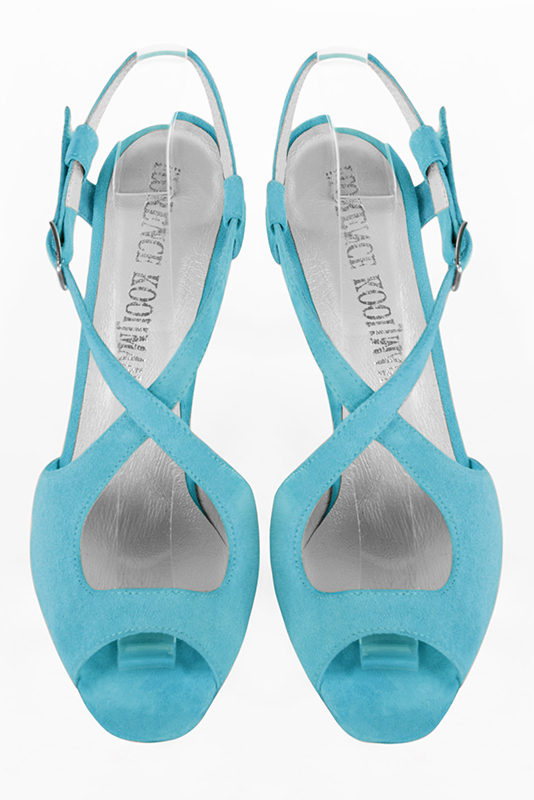 Turquoise blue women's open back sandals, with crossed straps. Round toe. High slim heel. Top view - Florence KOOIJMAN